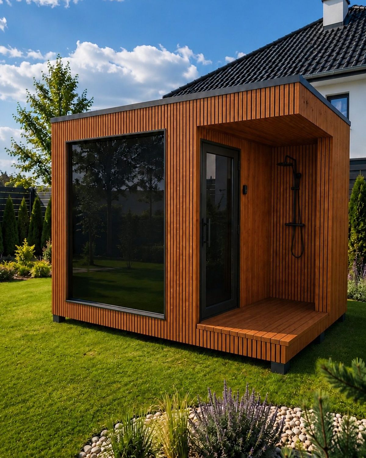ARIES Cube Oasis 350 Premium Outdoor-Sauna mit Panoramafenster und Außendusche im Garten