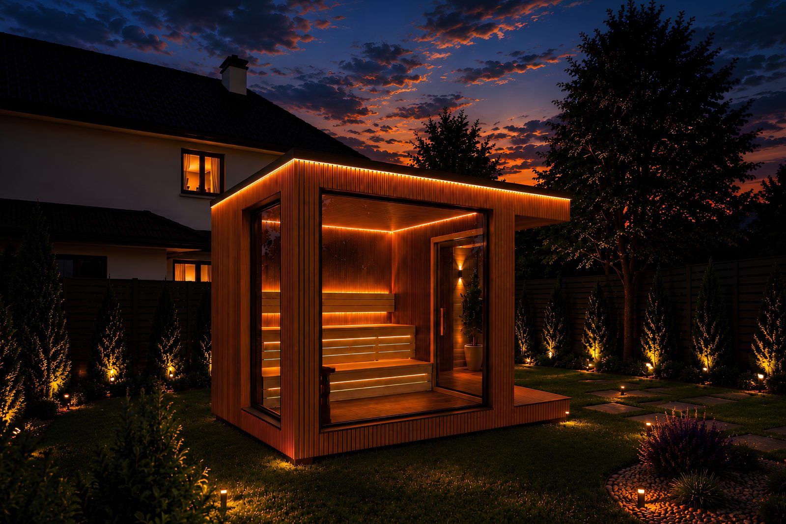 ARIES Cube Oasis 350 Gartensauna mit warmer LED-Beleuchtung in der Abenddämmerung – Referenzprojekt von ARIES Sauna Welt
